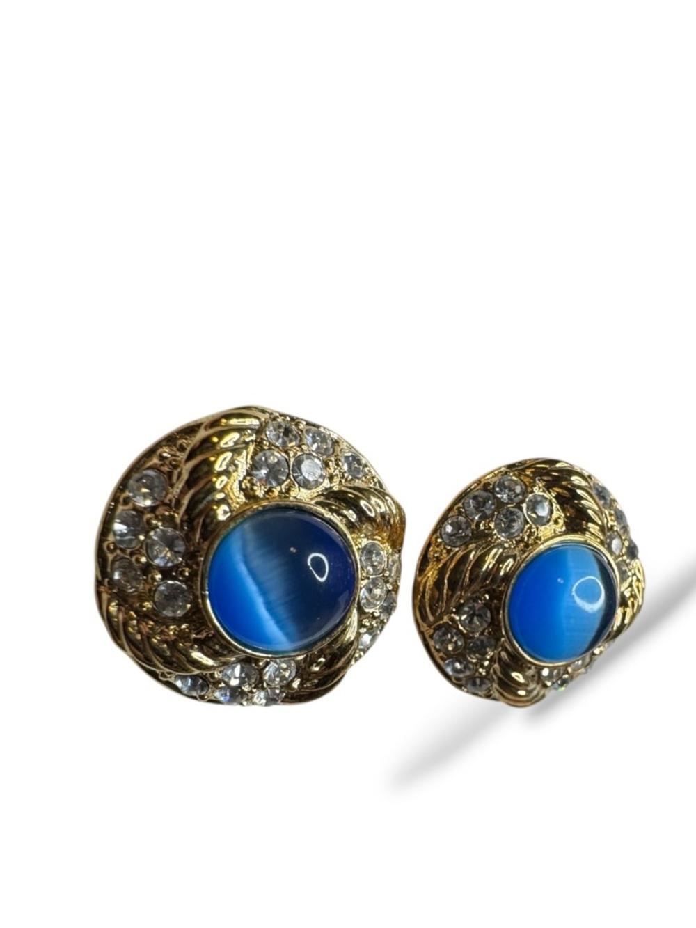 Vintage Gold-Tone Blue Cabochon Crystal Pierced Earrings